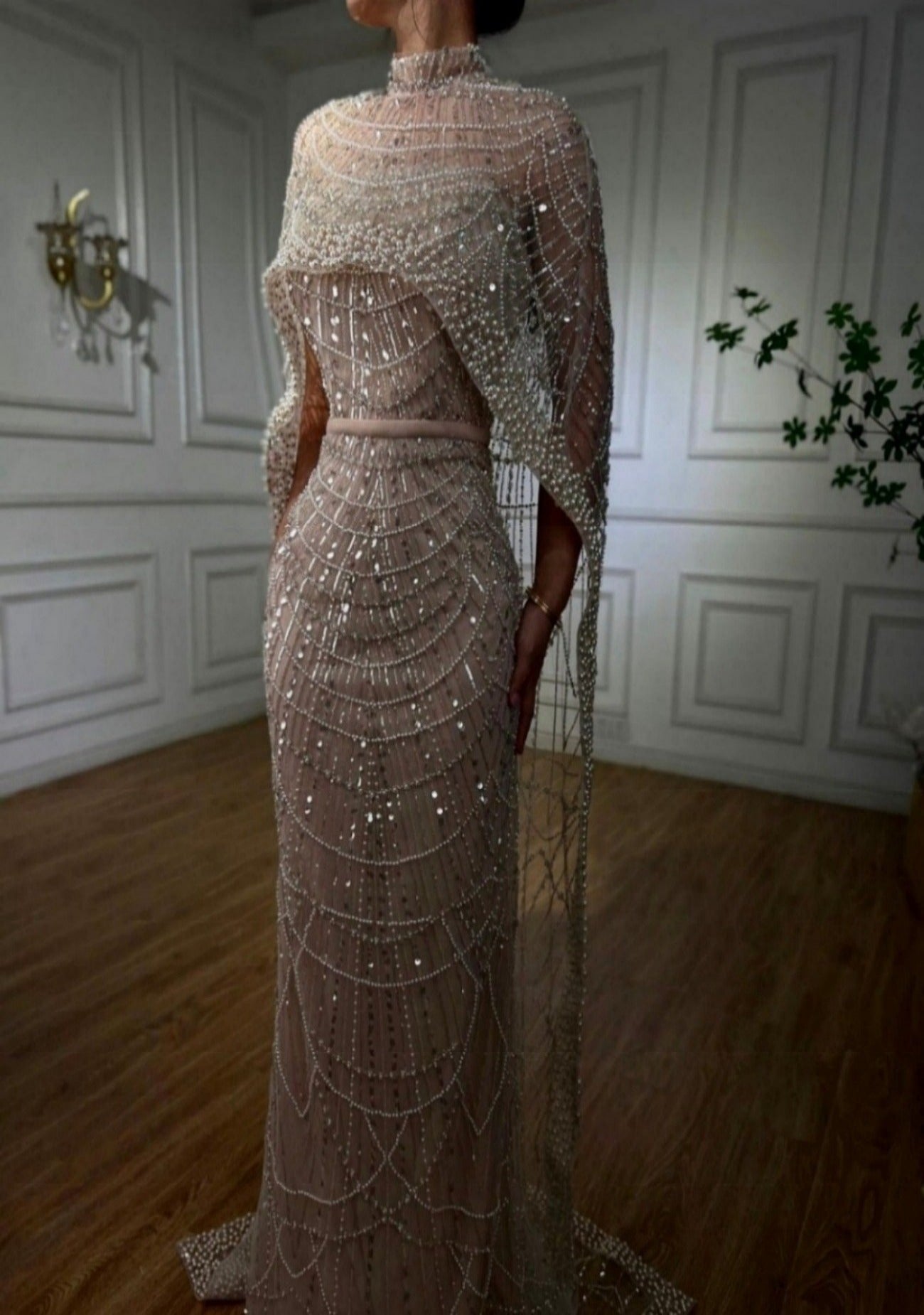 Dive Mermaid Beaded Embellished cape sleeves Gown - Mscooco.co.uk
