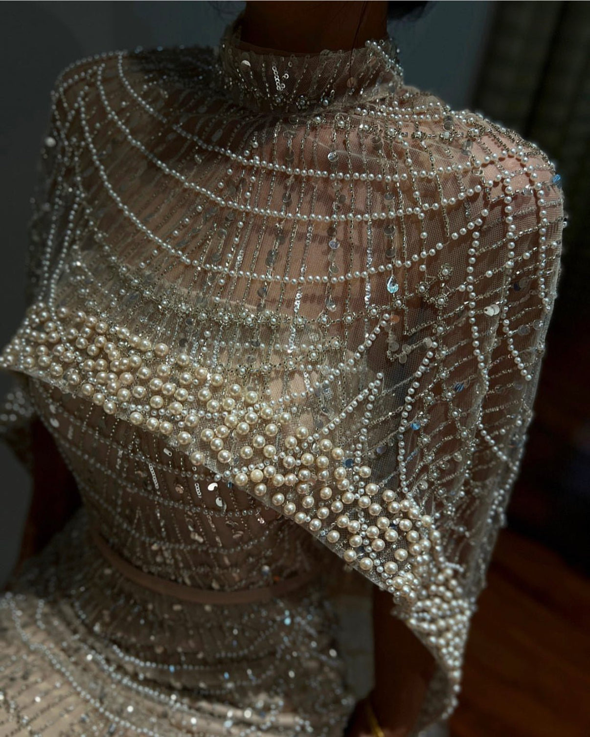 Mermaid Evening Dress with Draped Cape Bodice, Sheer Sleeves and Feathered Cuffs