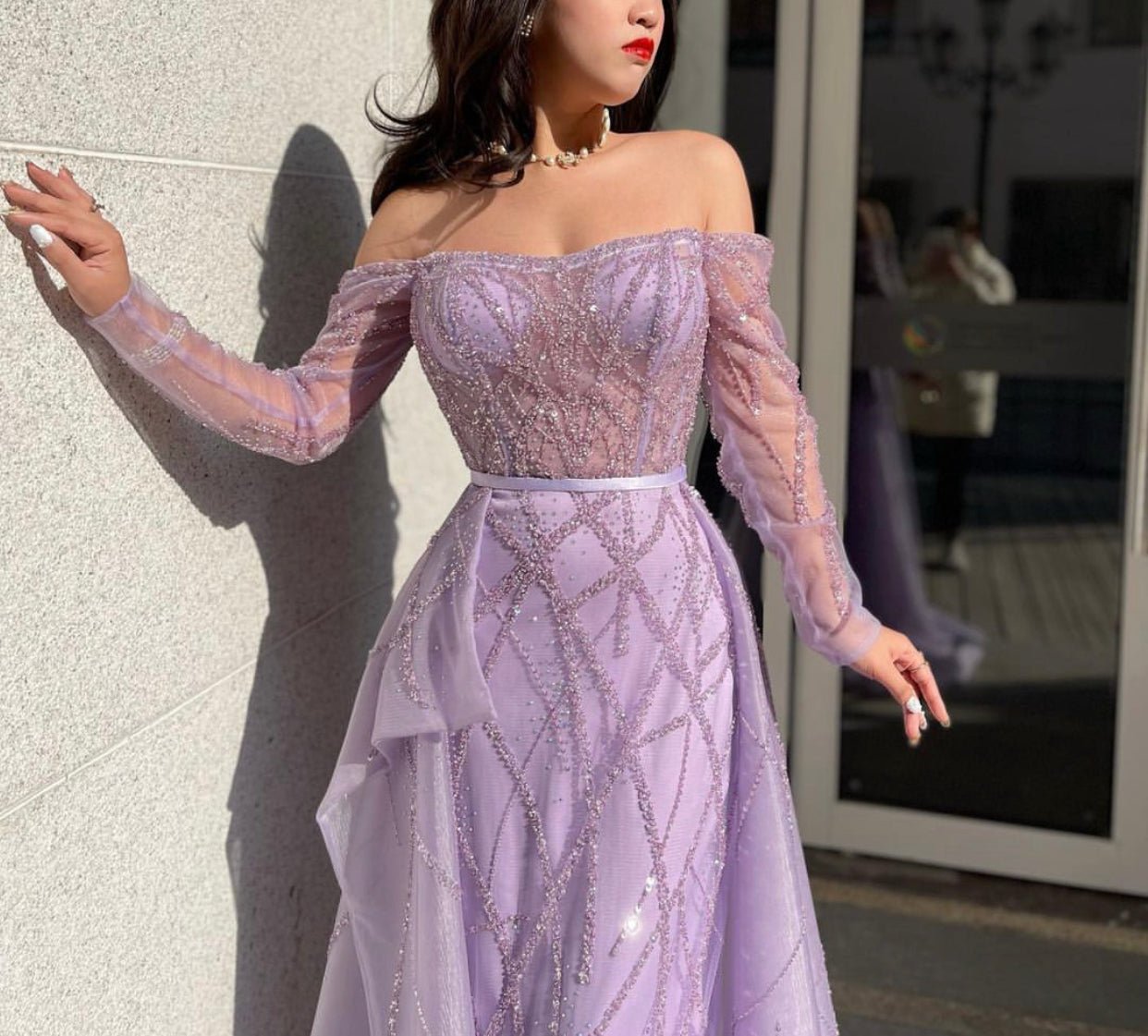 Dorothy Purple A-Line with Diamond long sleeve Evening dress - Mscooco.co.uk