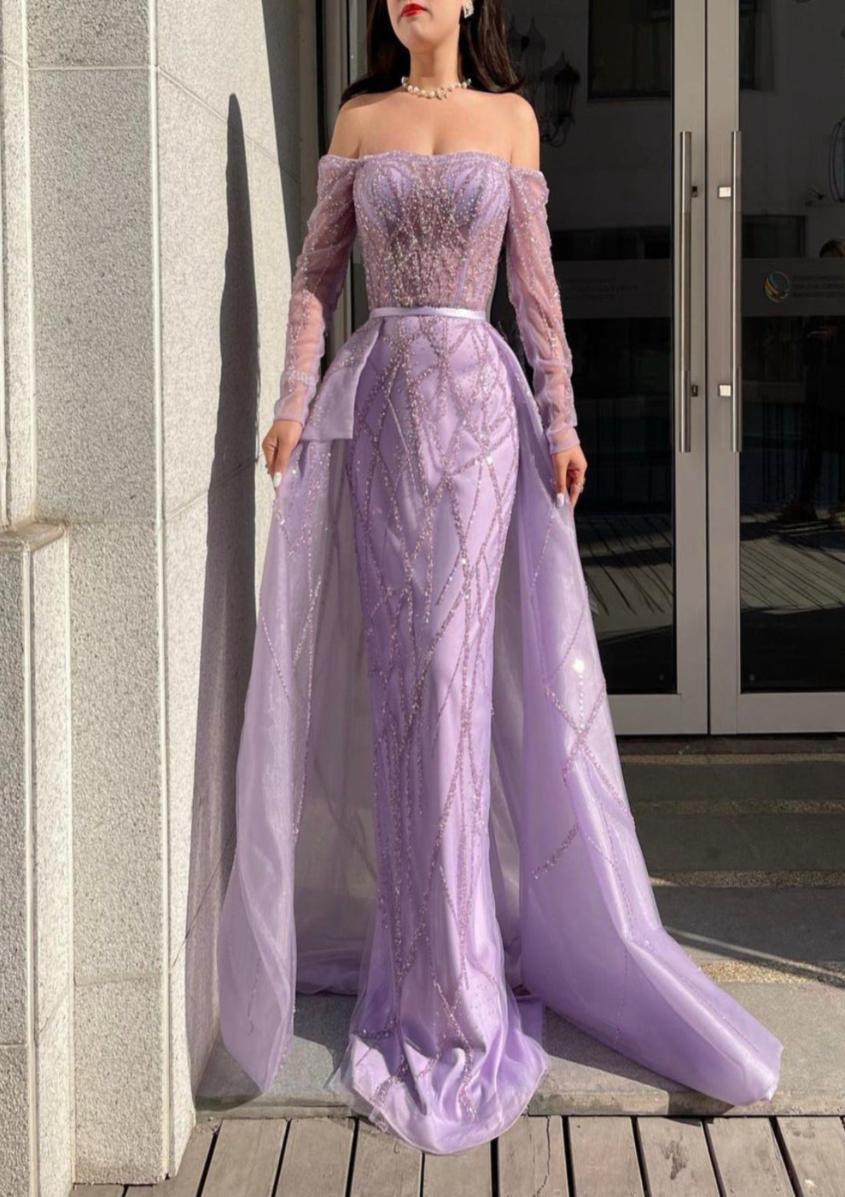 Dorothy Purple A-Line with Diamond long sleeve Evening dress - Mscooco.co.uk
