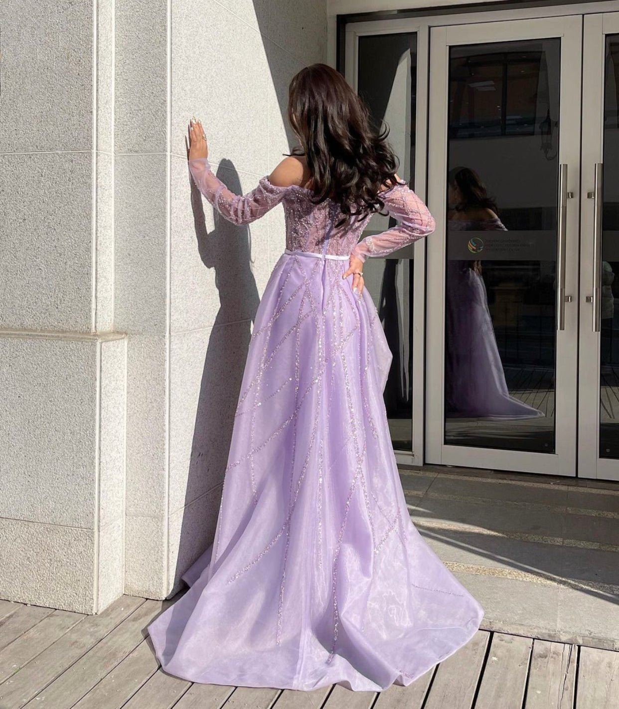 Dorothy Purple A-Line with Diamond long sleeve Evening dress - Mscooco.co.uk