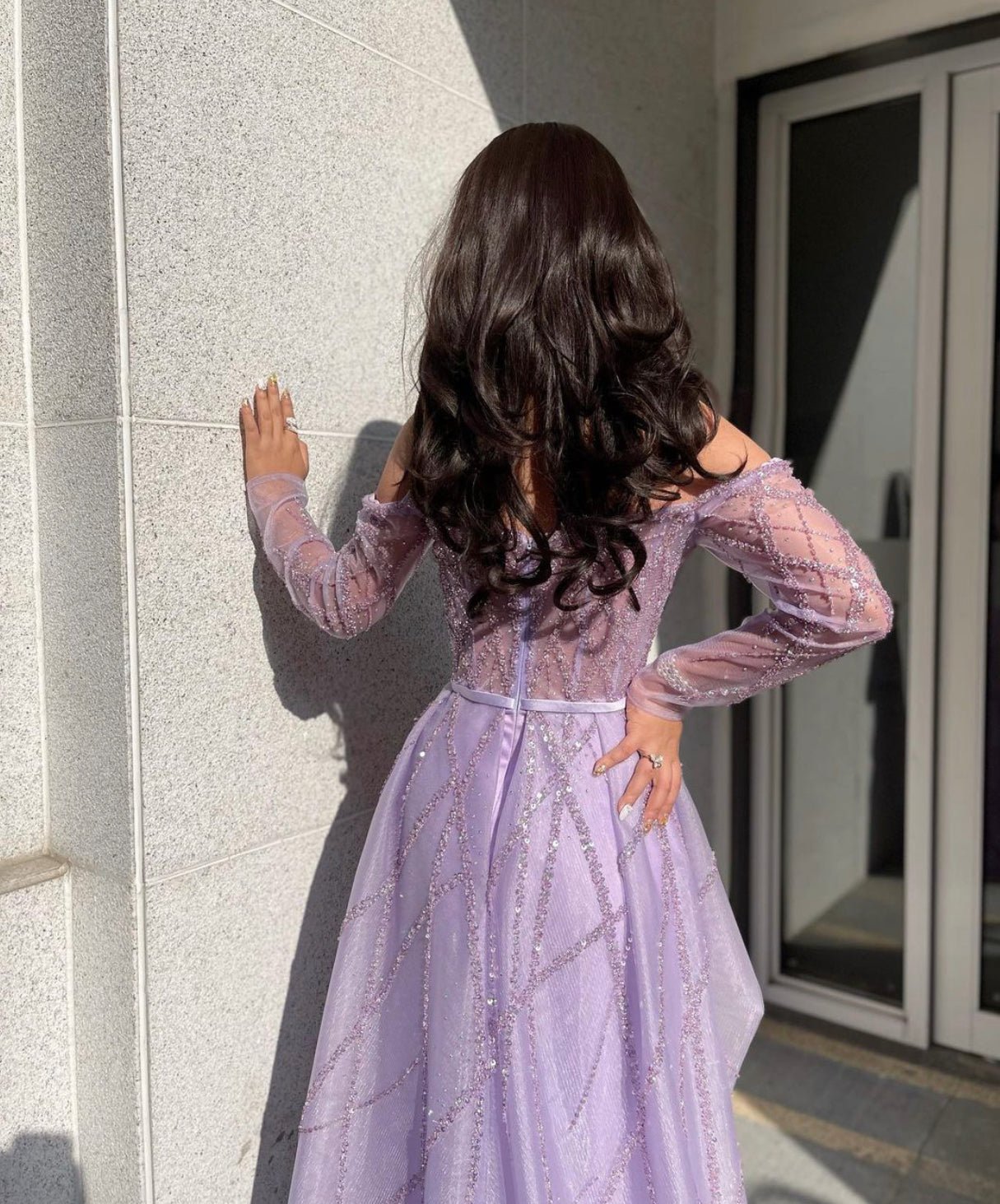 Dorothy Purple A-Line with Diamond long sleeve Evening dress - Mscooco.co.uk
