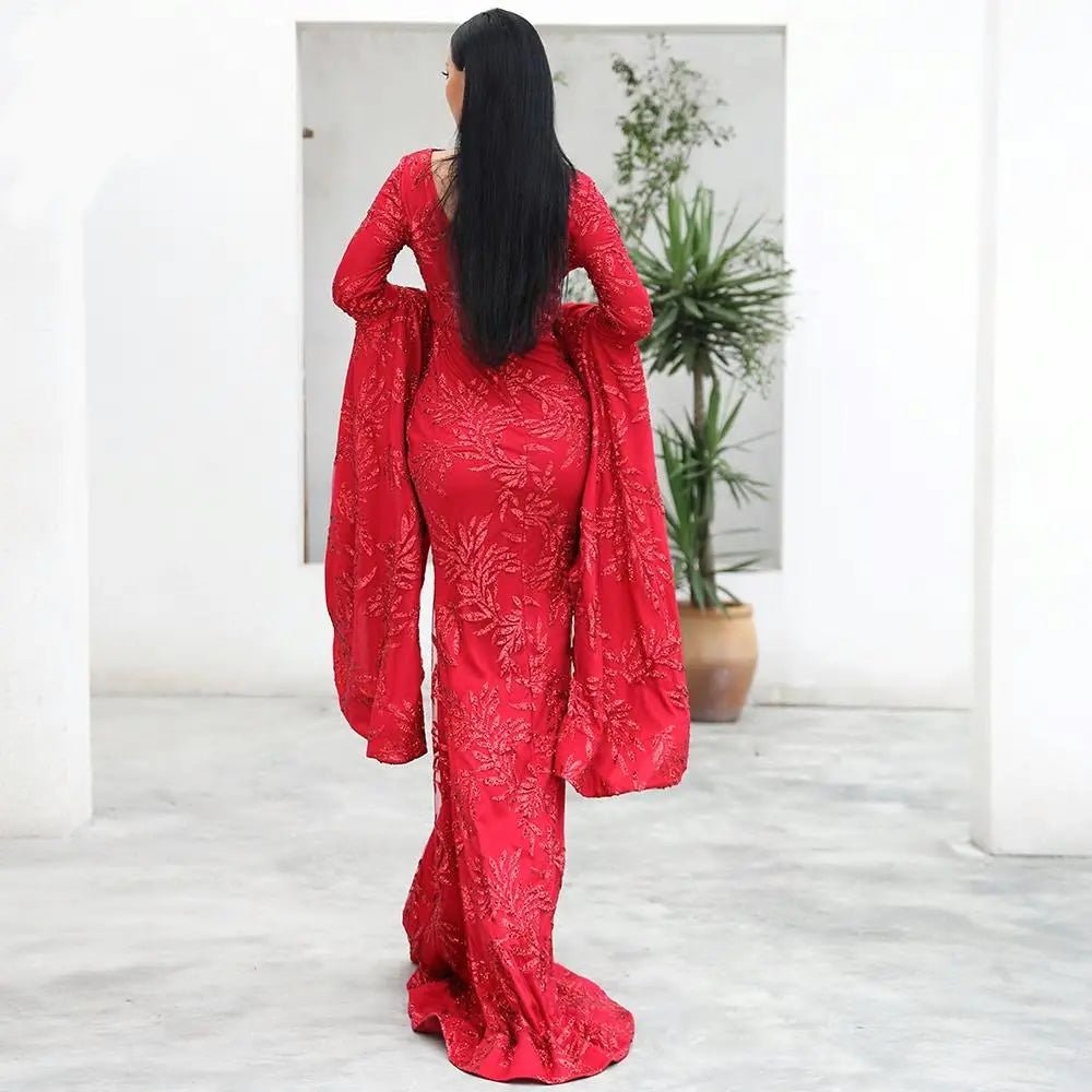Elegant Flare Sleeve Glitter Gown - Mscooco.co.uk