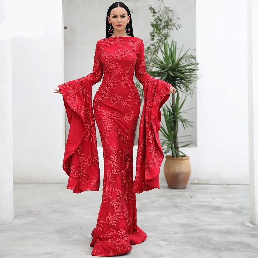 Elegant Flare Sleeve Glitter Gown - Mscooco.co.uk