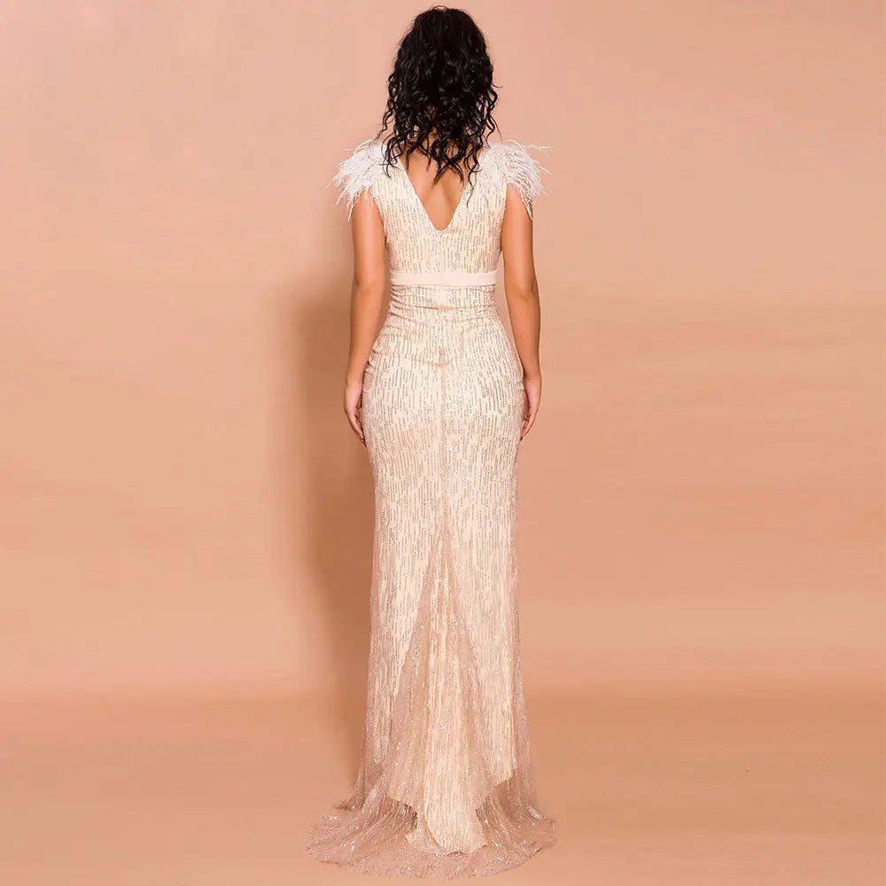 Elegant Glitter High Split Feather Dress - Mscooco.co.uk