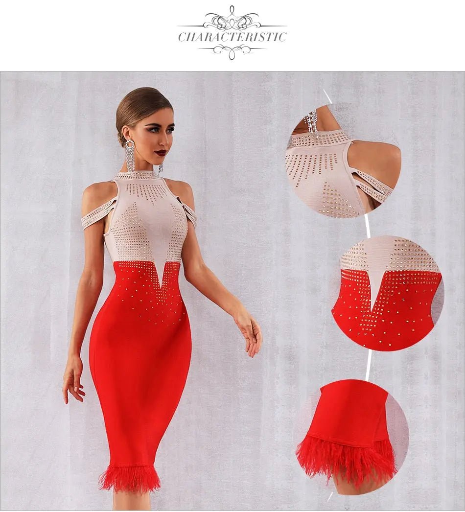 Elegant Off Shoulder Feather Bodycon Beading Dress - Mscooco.co.uk