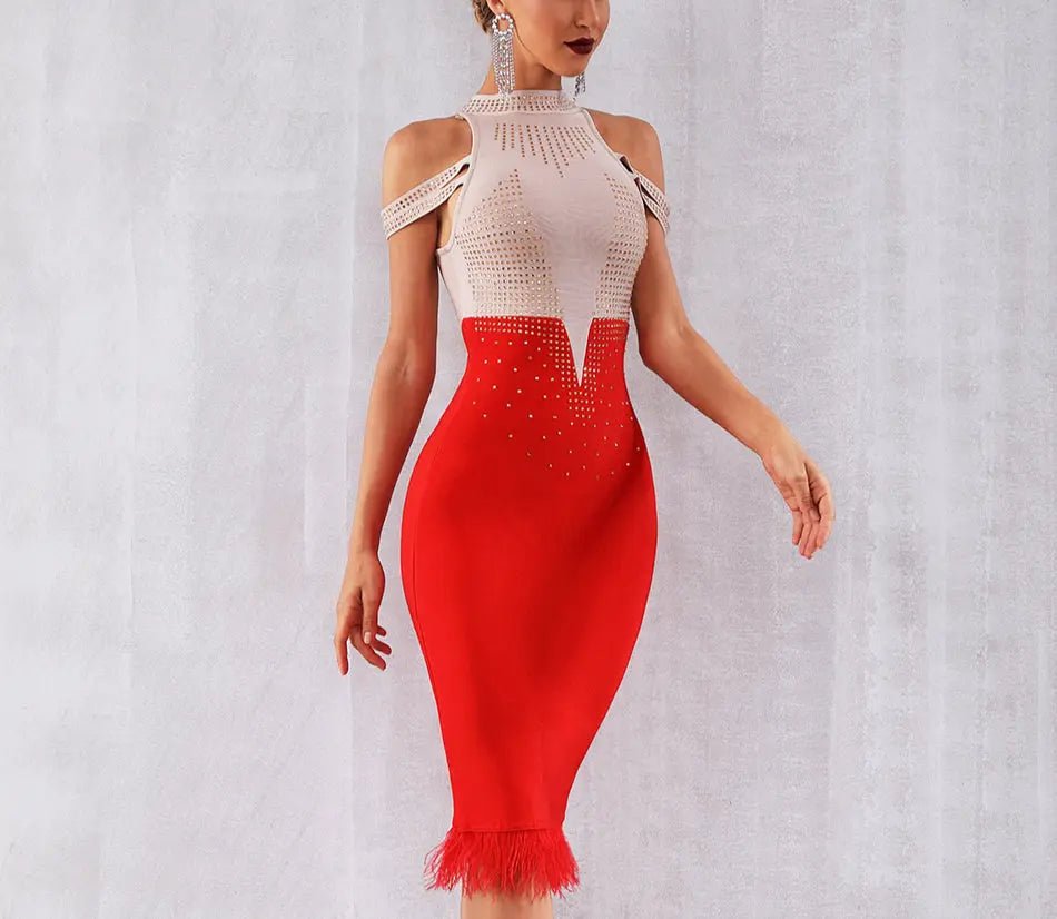 Elegant Off Shoulder Feather Bodycon Beading Dress - Mscooco.co.uk