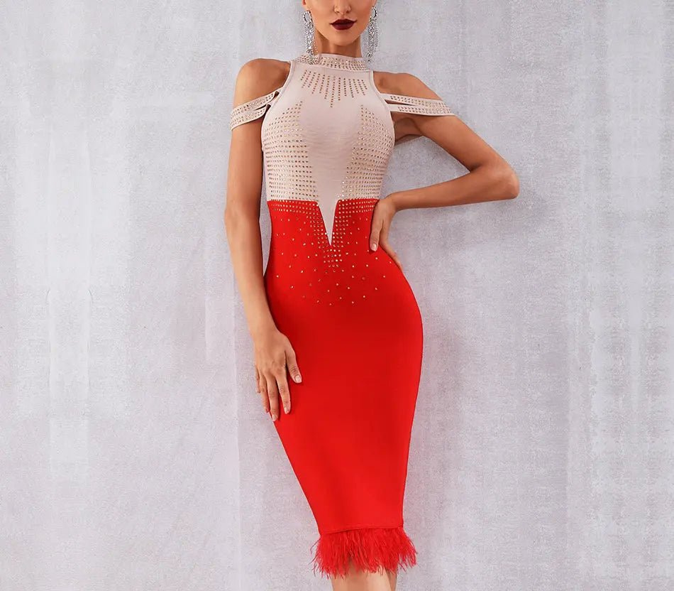 Elegant Off Shoulder Feather Bodycon Beading Dress - Mscooco.co.uk