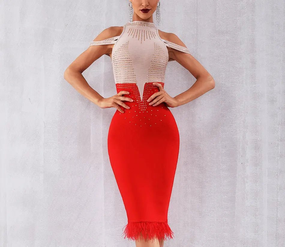 Elegant Off Shoulder Feather Bodycon Beading Dress - Mscooco.co.uk