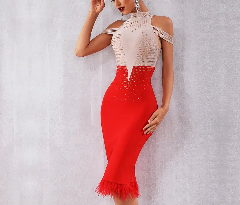 Elegant Off Shoulder Feather Bodycon Beading Dress - Mscooco.co.uk