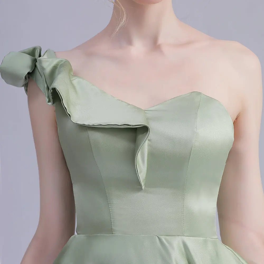 Elegant One Shoulder Avocado Green Satin Gown n - Mscooco.co.uk