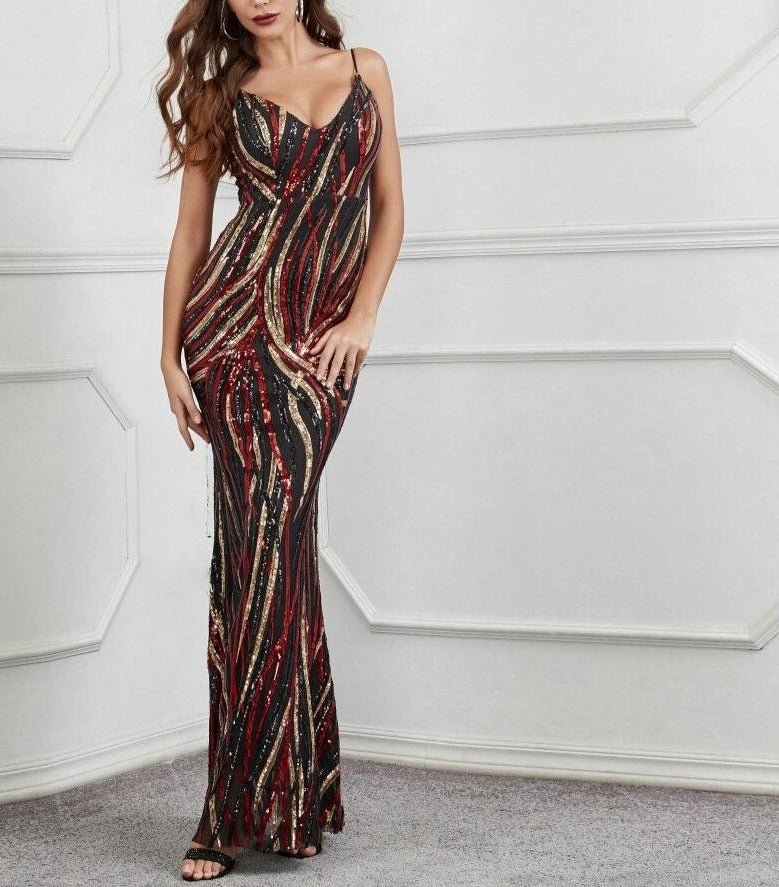 Elegant Strap Backless Sequin Maxi Dress - Mscooco.co.uk