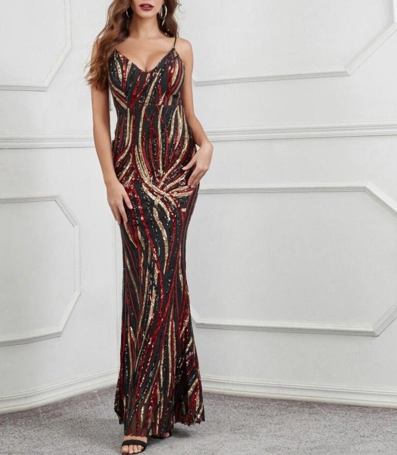Elegant Strap Backless Sequin Maxi Dress - Mscooco.co.uk