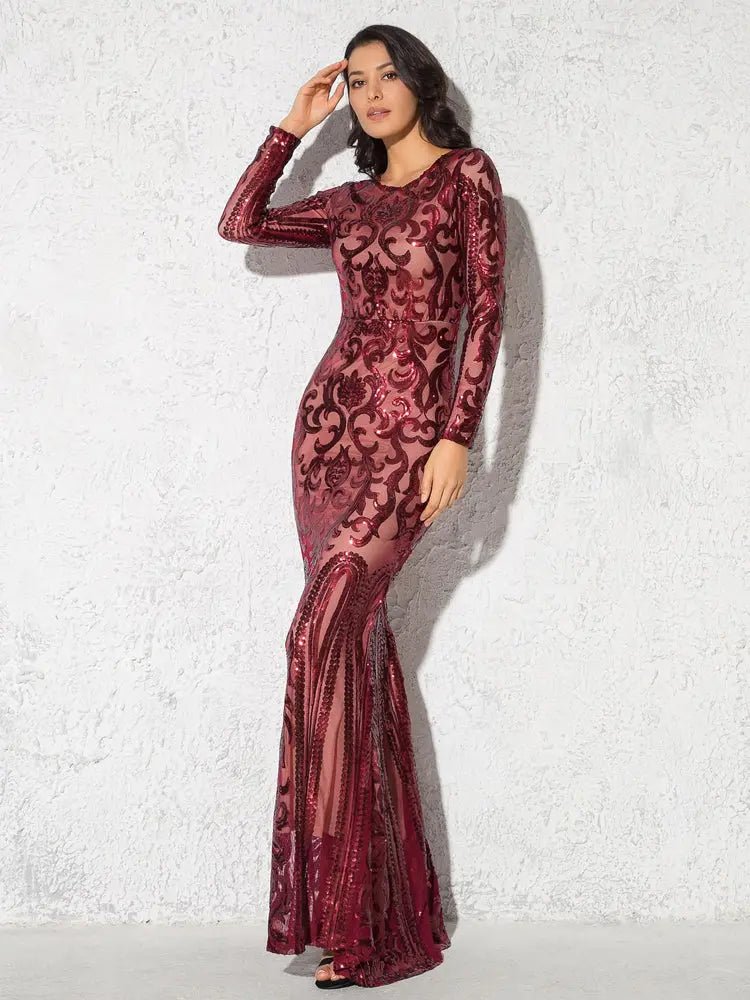 Elegant Vestido Full Sleeved Sequined Maxi Dress - Mscooco.co.uk