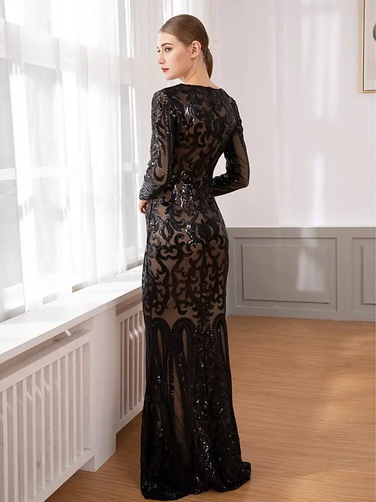 Elegant Vestido Full Sleeved Sequined Maxi Dress - Mscooco.co.uk
