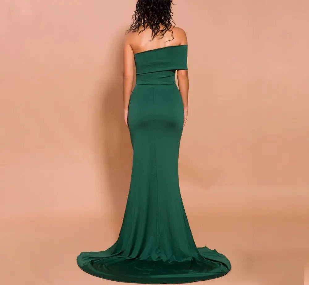 Emerald Off Shoulder High Split Maxi Dress - Mscooco.co.uk