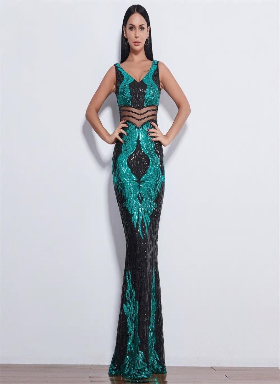 Emerald Sequin Sleeveless Maxi Dress - Mscooco.co.uk