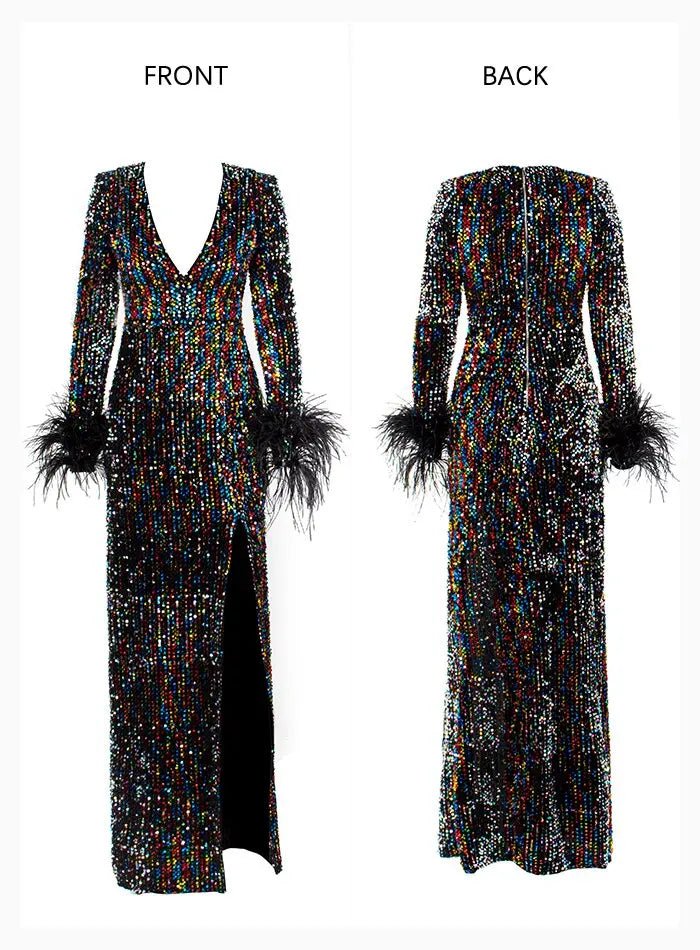 Feathers Color Reflective Sequins Split Maxi Dress - Mscooco.co.uk