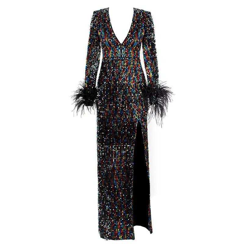 Feathers Color Reflective Sequins Split Maxi Dress - Mscooco.co.uk