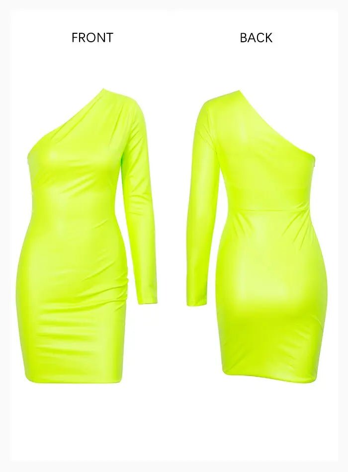 Fluorescent Green One Shoulder Elastic PU Mini Dress - Mscooco.co.uk