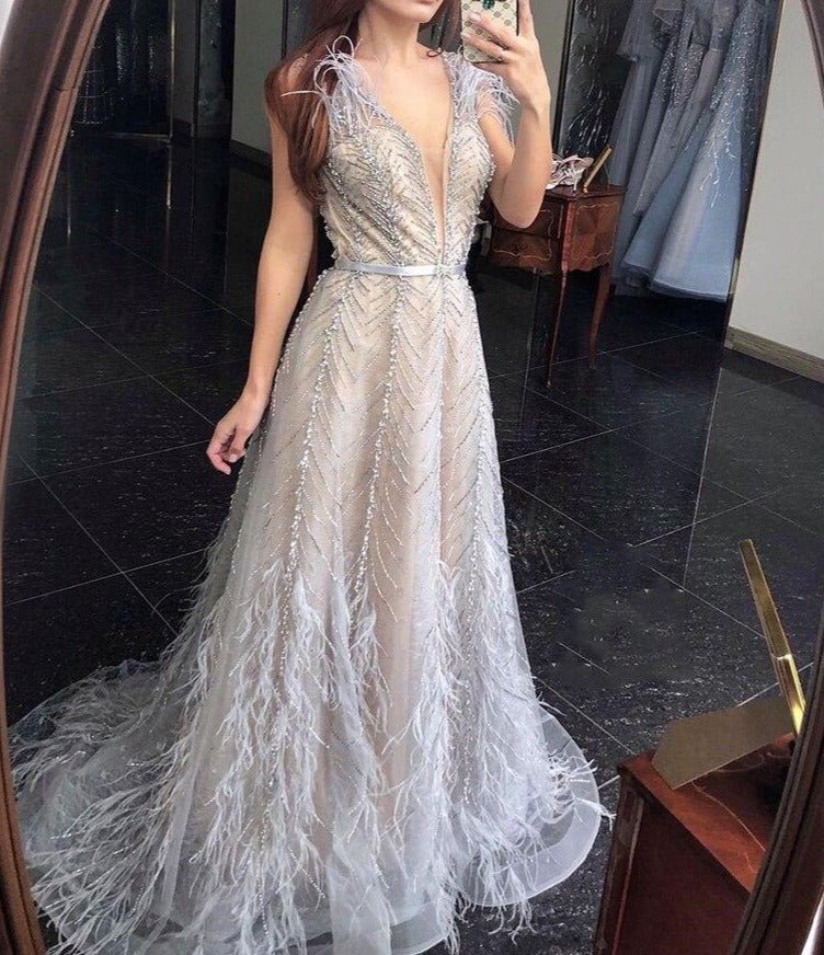 Genesis Silver Nude Feathers Beading Formal Dress - Mscooco.co.uk