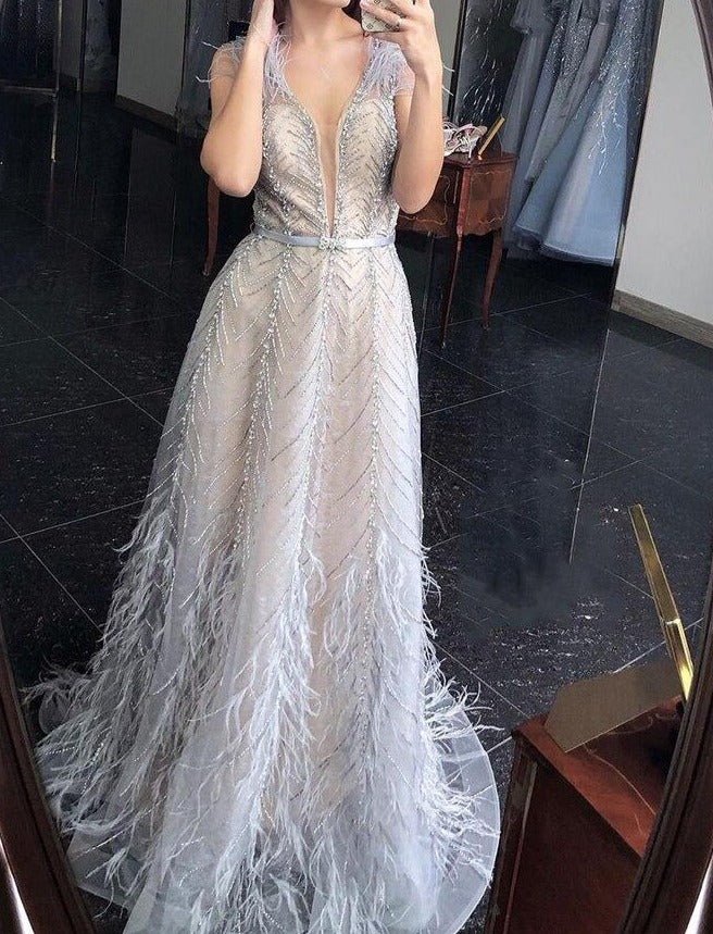 Genesis Silver Nude Feathers Beading Formal Dress - Mscooco.co.uk