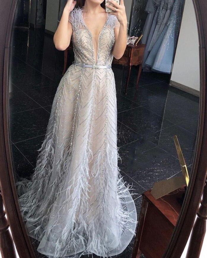 Genesis Silver Nude Feathers Beading Formal Dress - Mscooco.co.uk