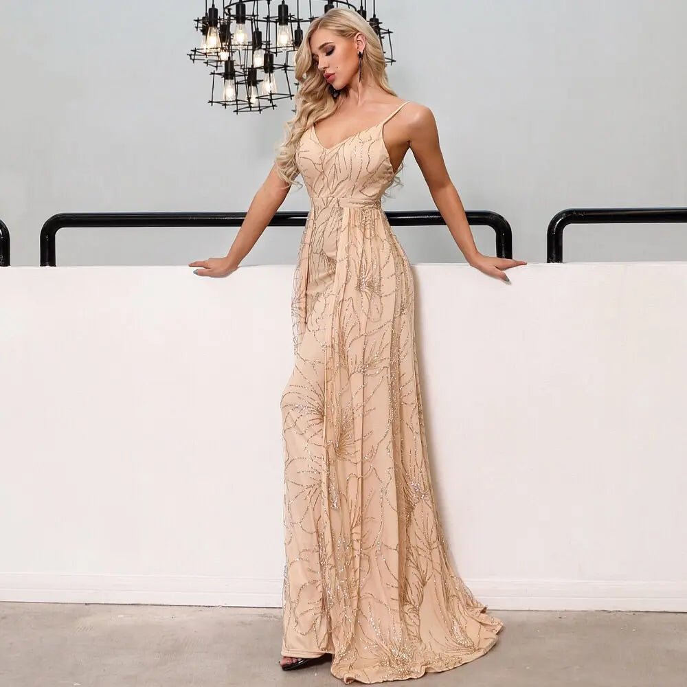 Gold Elegant Backless Glitter Maxi dress - Mscooco.co.uk