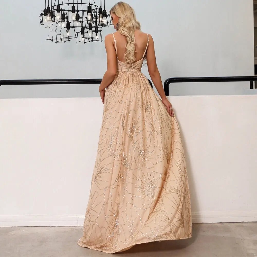 Gold Elegant Backless Glitter Maxi dress - Mscooco.co.uk