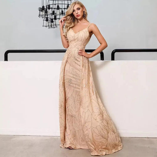Gold Elegant Backless Glitter Maxi dress - Mscooco.co.uk