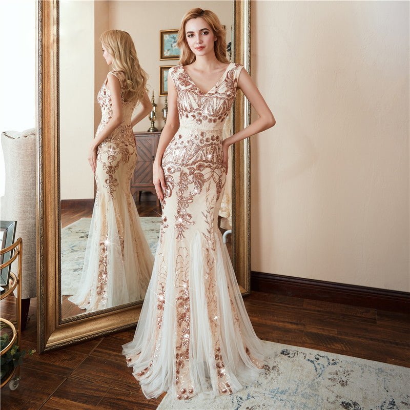 Gold Embellished Sequin Maxi Dress - Mscooco.co.uk