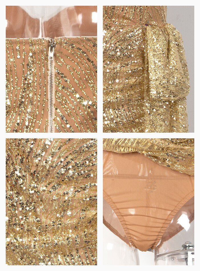 Gold Glitter Glued Material Mini Dress - Mscooco.co.uk