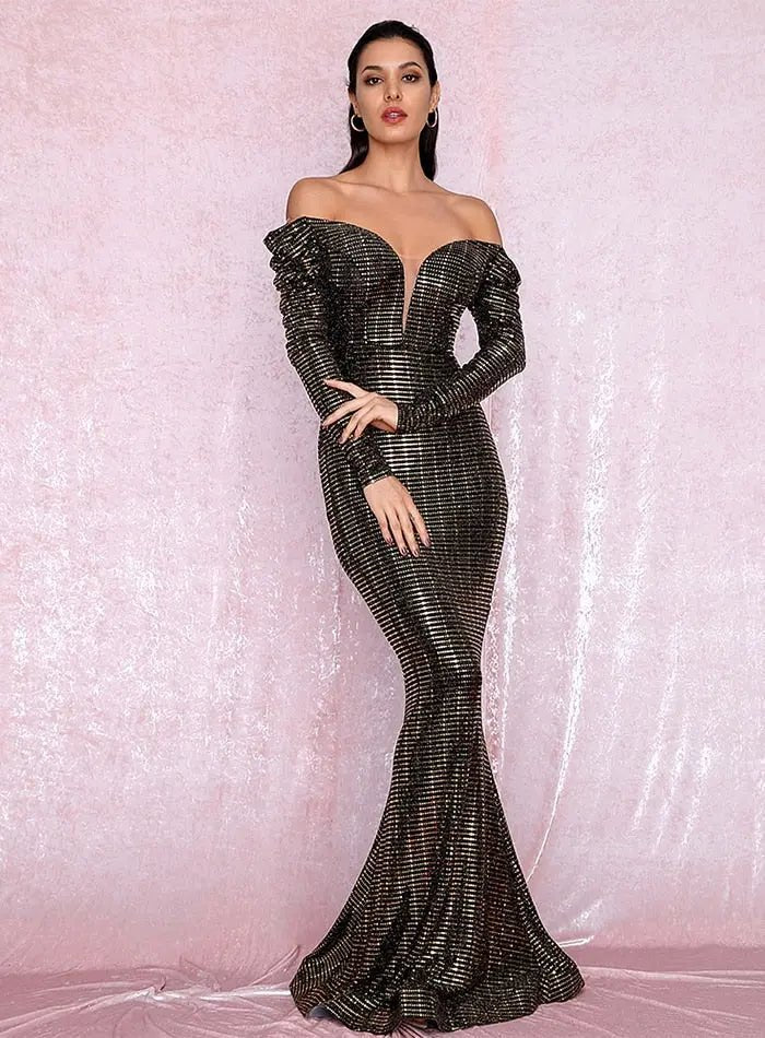 Gold Sequins Composite Bubble Long Sleeve Bodycon Maxi Dress - Mscooco.co.uk