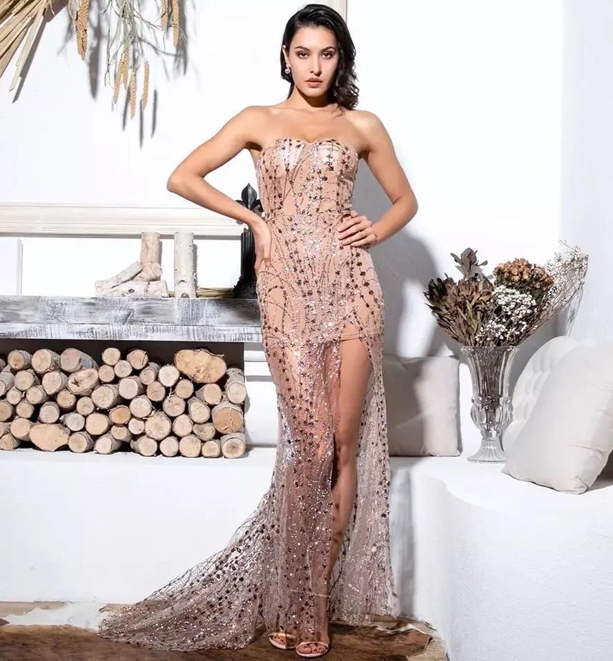 Gold Strapless Glitter Bodycon Maxi Dress - Mscooco.co.uk