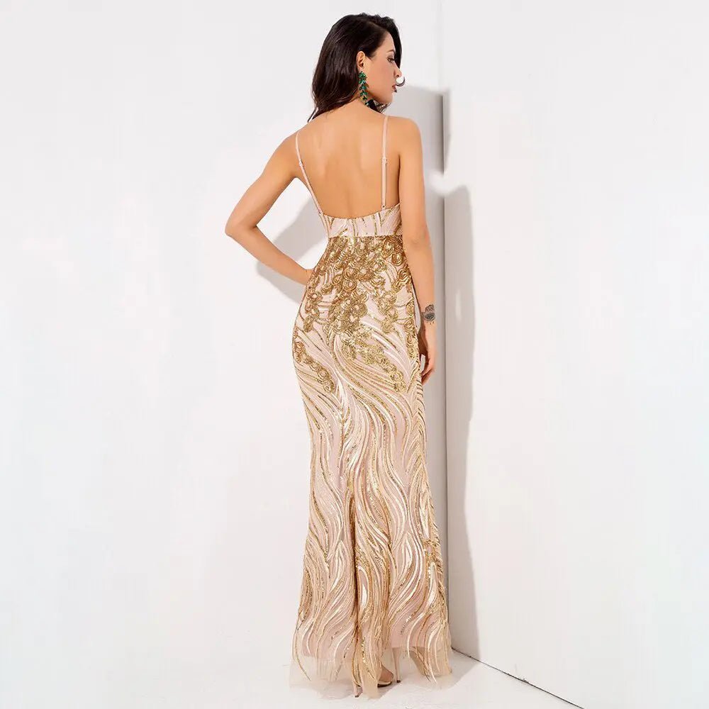 Gold Strapless Sequin Long Maxi Dress - Mscooco.co.uk