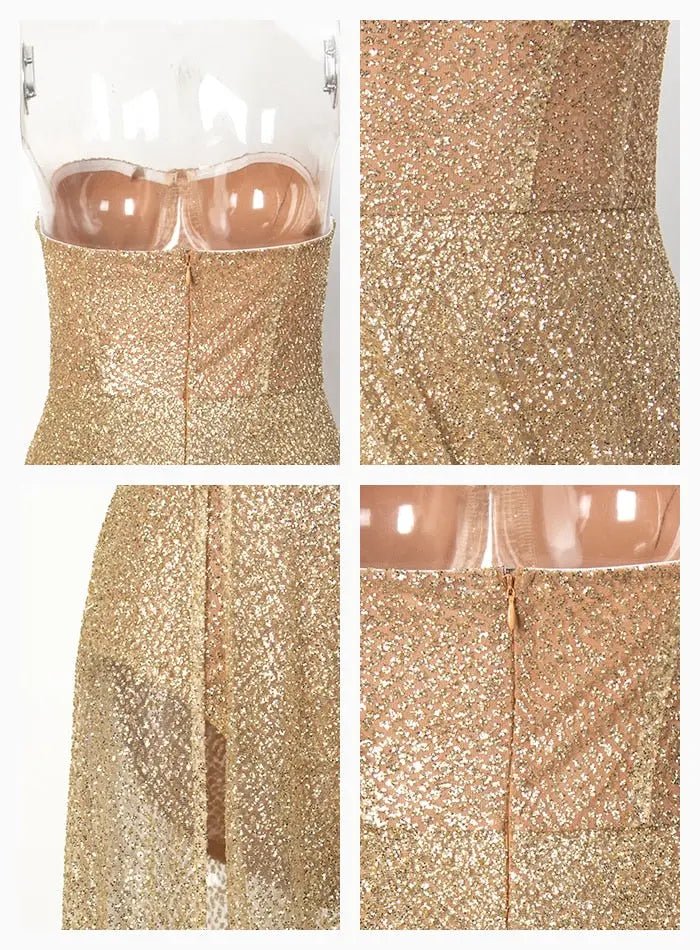 Gold Strapless Tube Top Glitter Material Split Poncho Maxi Dress - Mscooco.co.uk