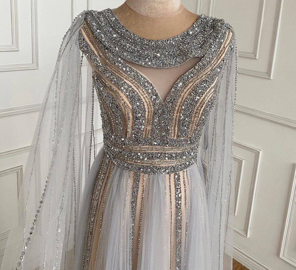 Grace Cape Sleeve Beading Long Dress - Mscooco.co.uk