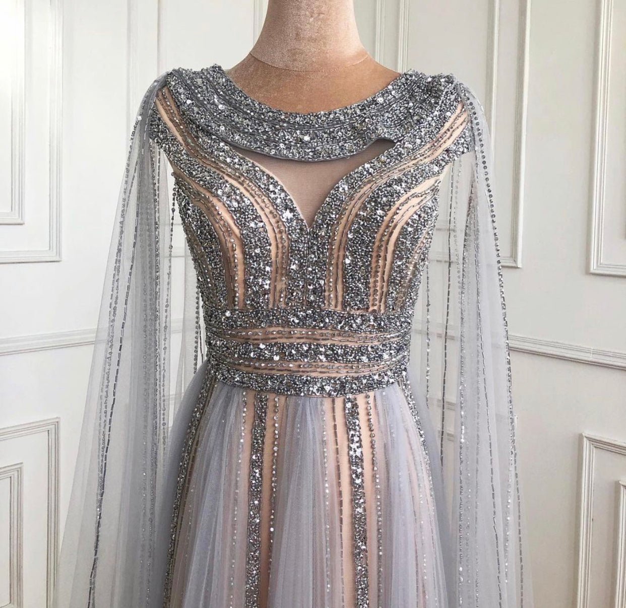 Silver long hotsell gown with sleeves