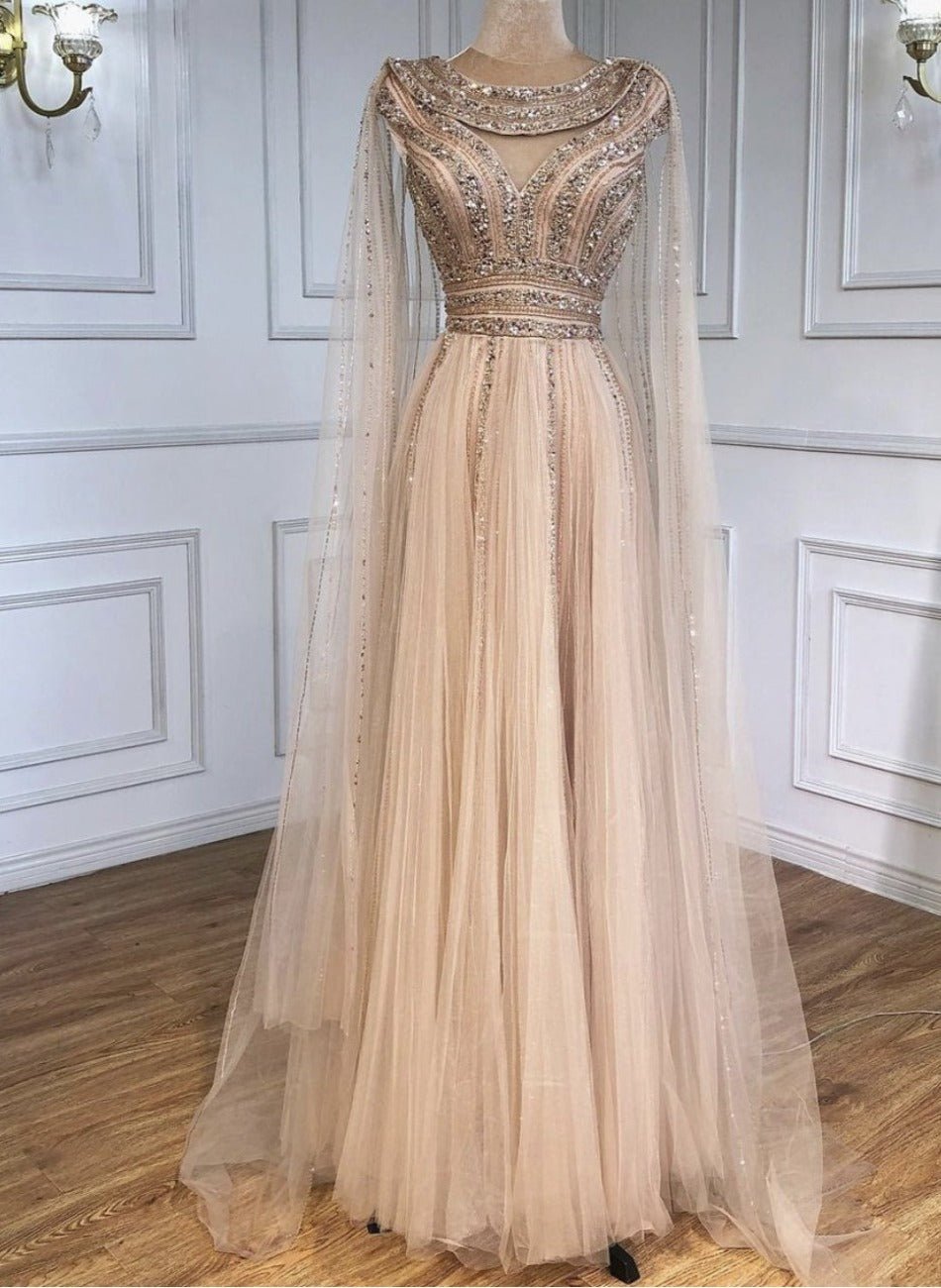 Grace Cape Sleeve Beading Long Dress - Mscooco.co.uk