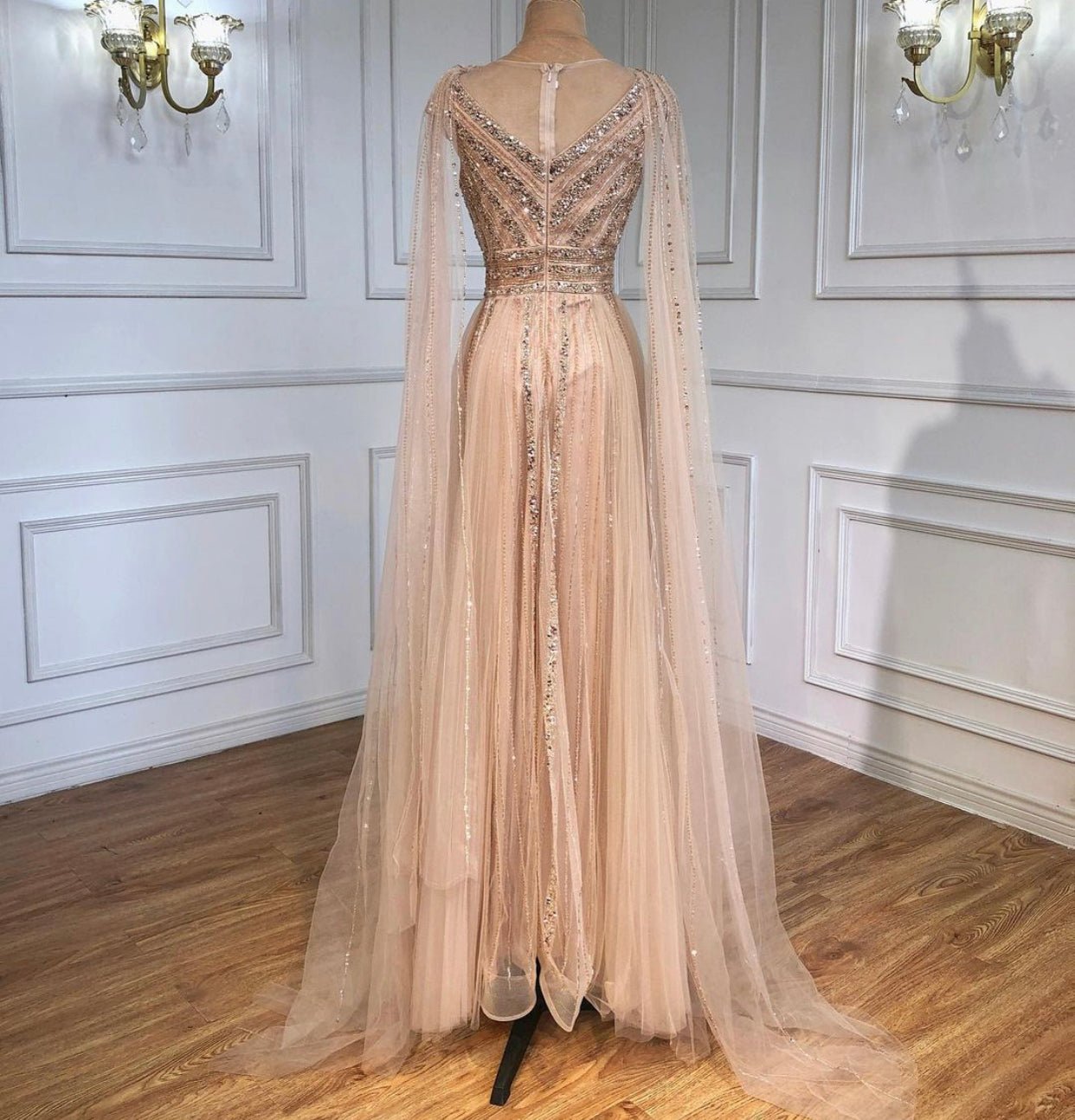 Grace Cape Sleeve Beading Long Dress - Mscooco.co.uk