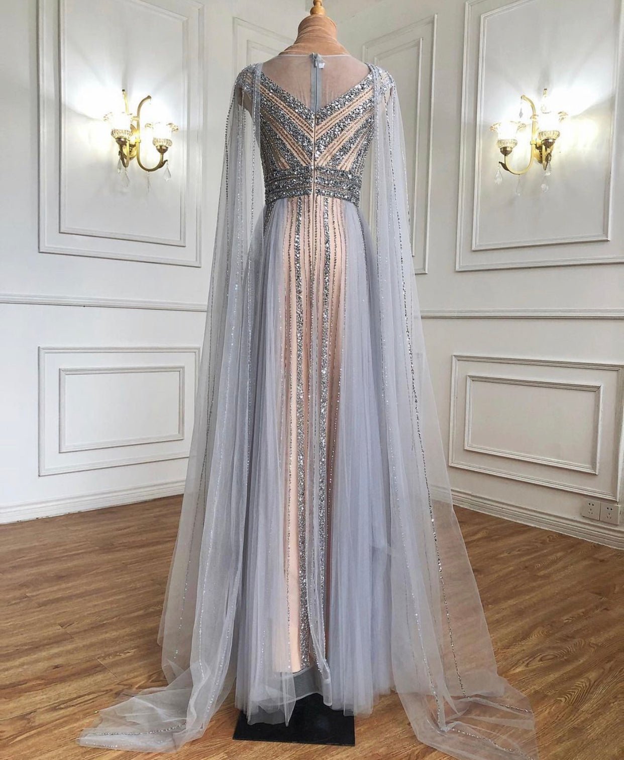 Grace Cape Sleeve Beading Long Dress - Mscooco.co.uk