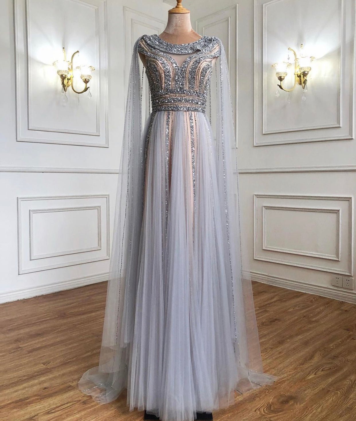 Grace Cape Sleeve Beading Long Dress - Mscooco.co.uk