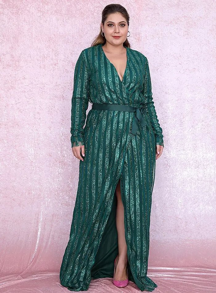 Green Deep V-neck Stripes Glitter Glued Cross Maxi Dress - Mscooco.co.uk