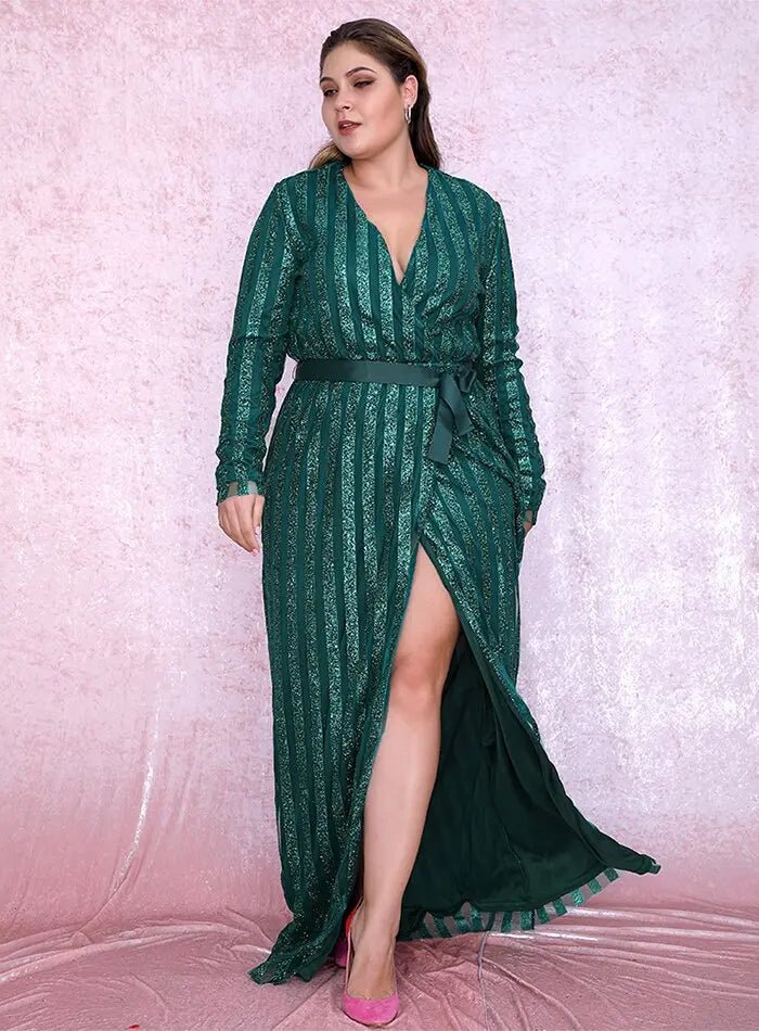 Green Deep V-neck Stripes Glitter Glued Cross Maxi Dress - Mscooco.co.uk