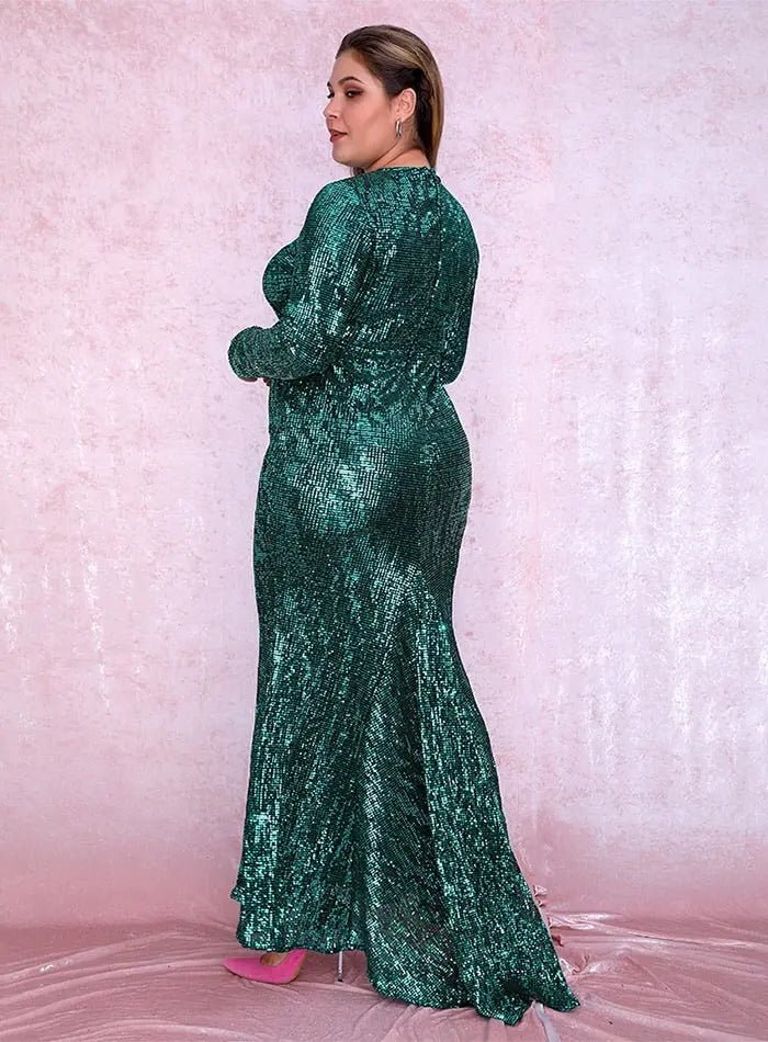 Green Elastic Pleated Sequins Fishtail Dress - Mscooco.co.uk