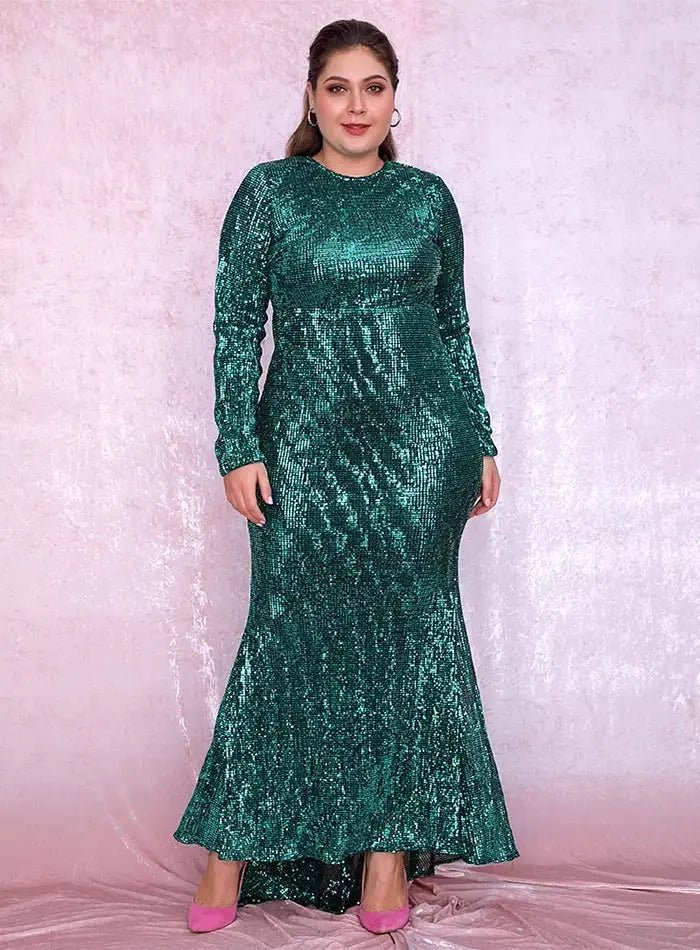 Green Elastic Pleated Sequins Fishtail Dress - Mscooco.co.uk