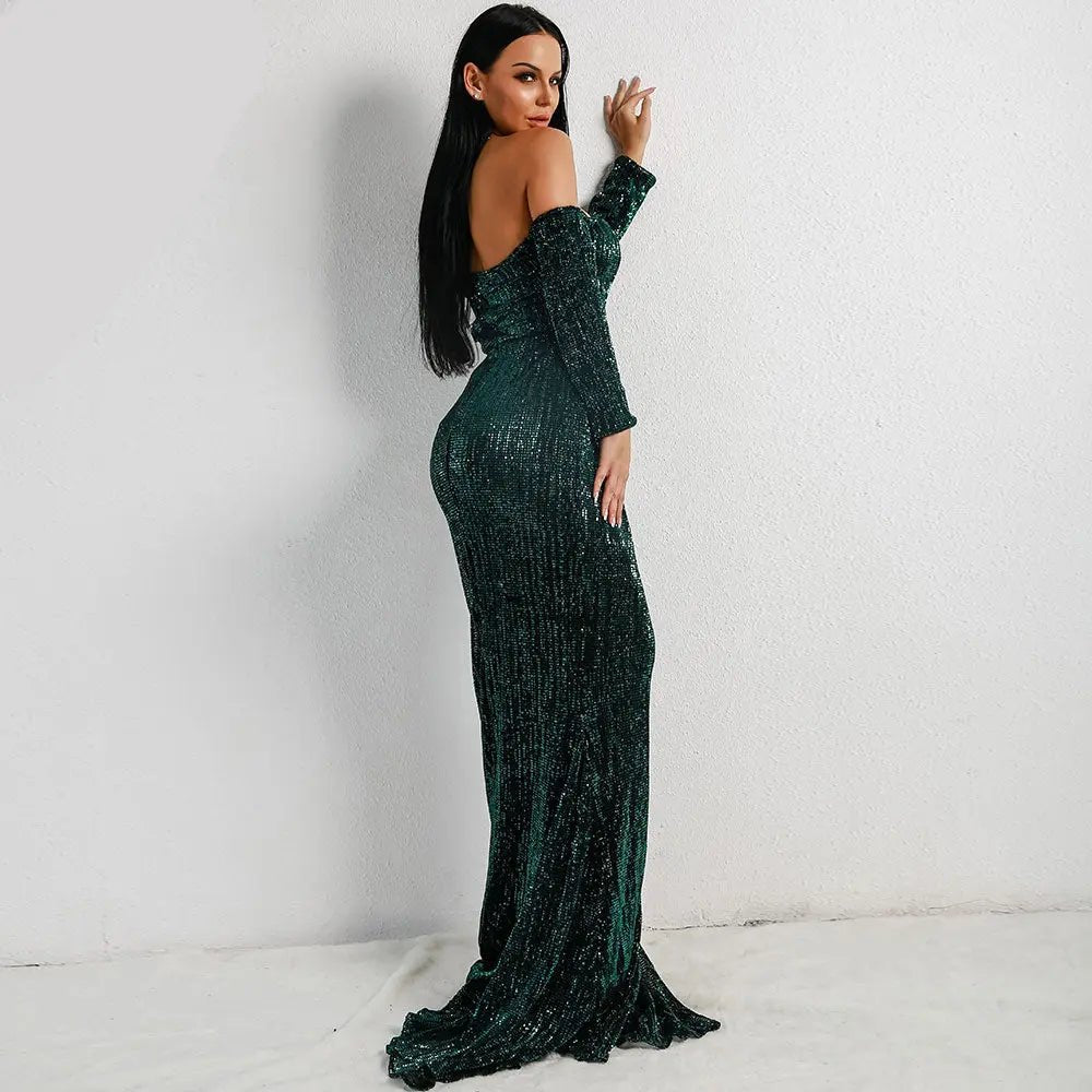 Green Long Sleeve Sequin Backless Dress - Mscooco.co.uk