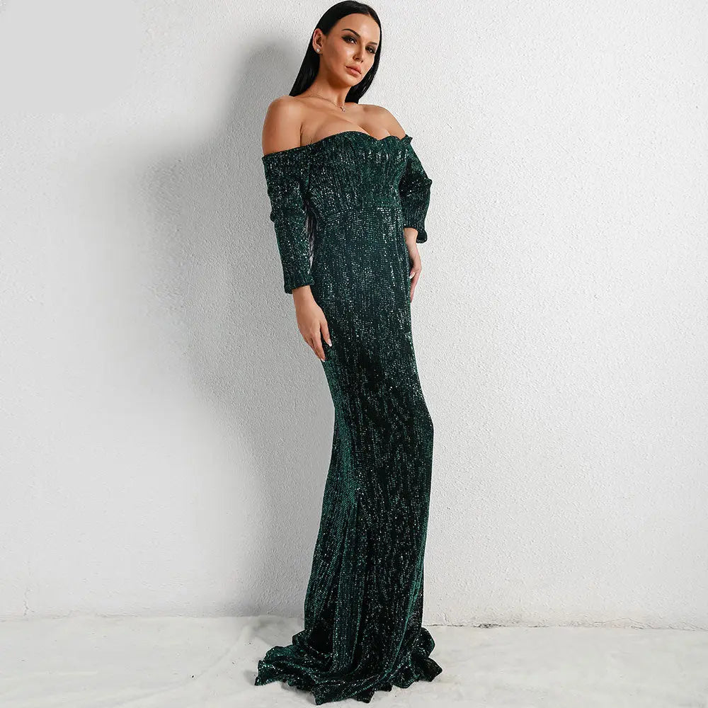 Green Long Sleeve Sequin Backless Dress - Mscooco.co.uk