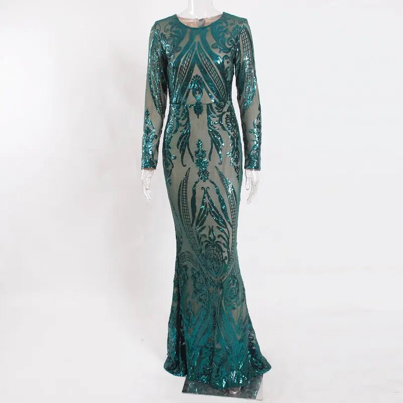 Green O Neck Long Sleeves Sequin Maxi Dress - Mscooco.co.uk