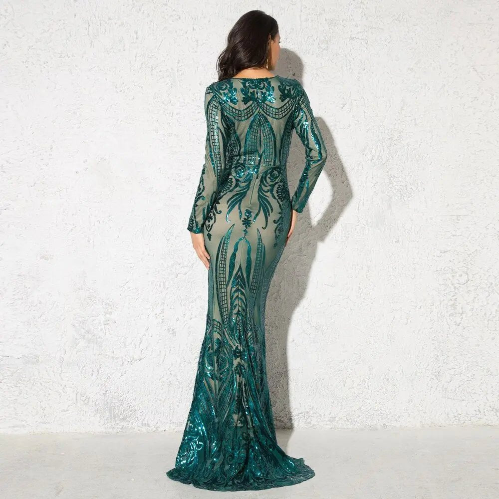 Green O Neck Long Sleeves Sequin Maxi Dress - Mscooco.co.uk